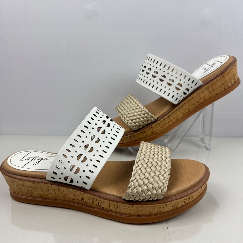 Latigo Kate White Wedge Slide Sandals Women Size 8 Cork‎ Wedge Laser Cut